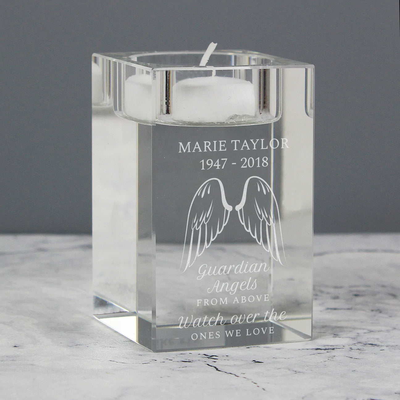 Personalised Guardian Angel Wings Glass Tea Light Holder