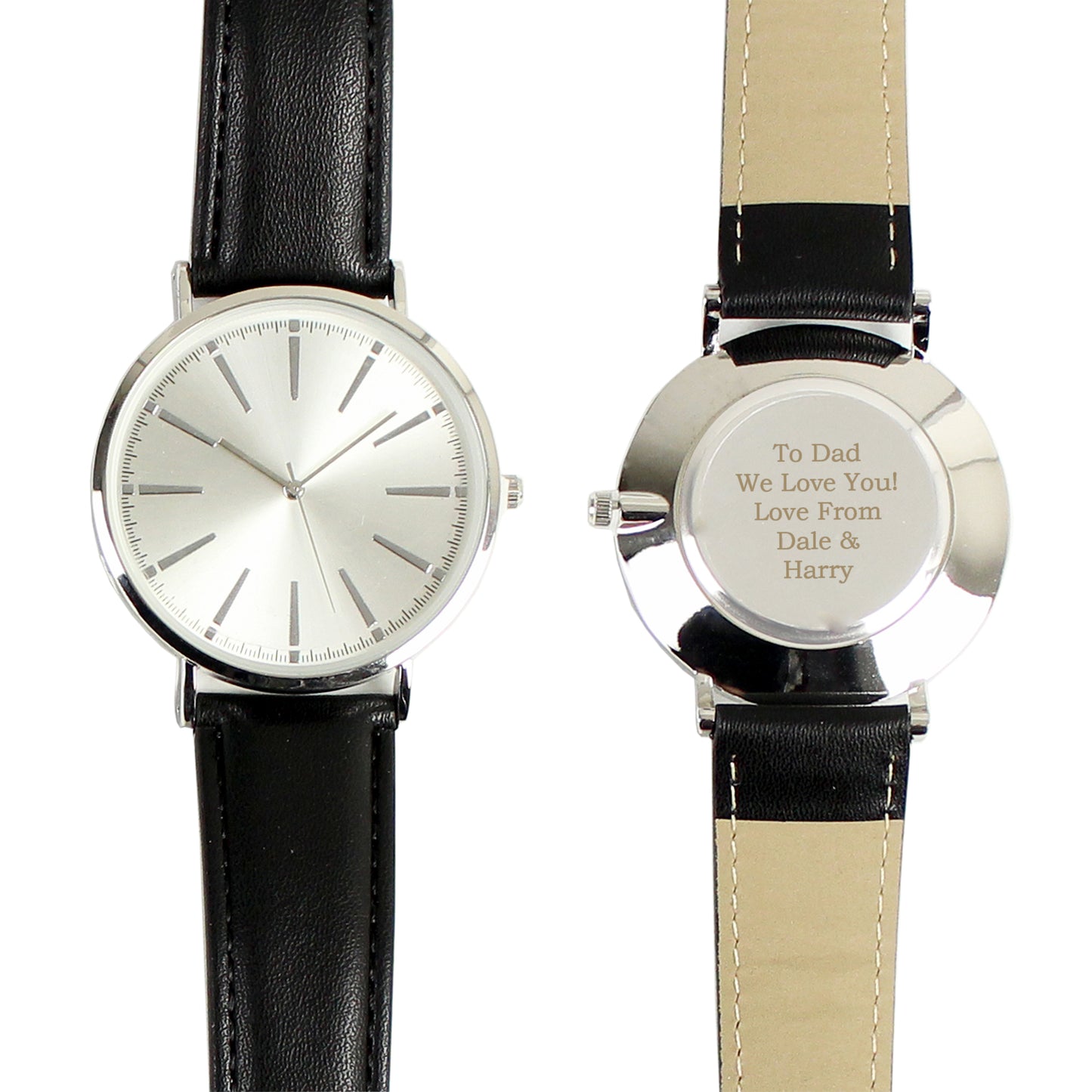 Personalised Silver with Black Leather Strap Watch