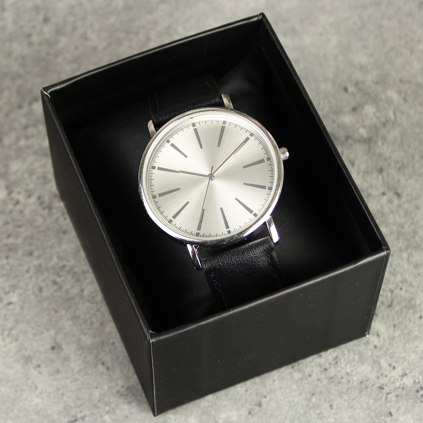 Personalised Silver with Black Leather Strap Watch