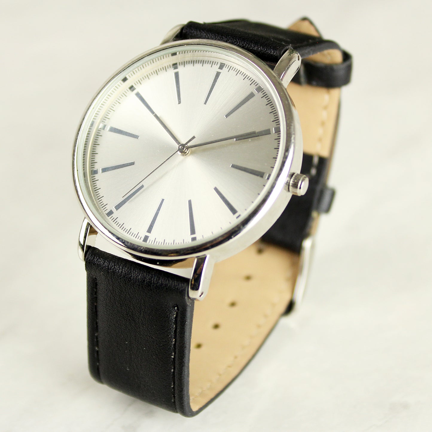 Personalised Silver with Black Leather Strap Watch