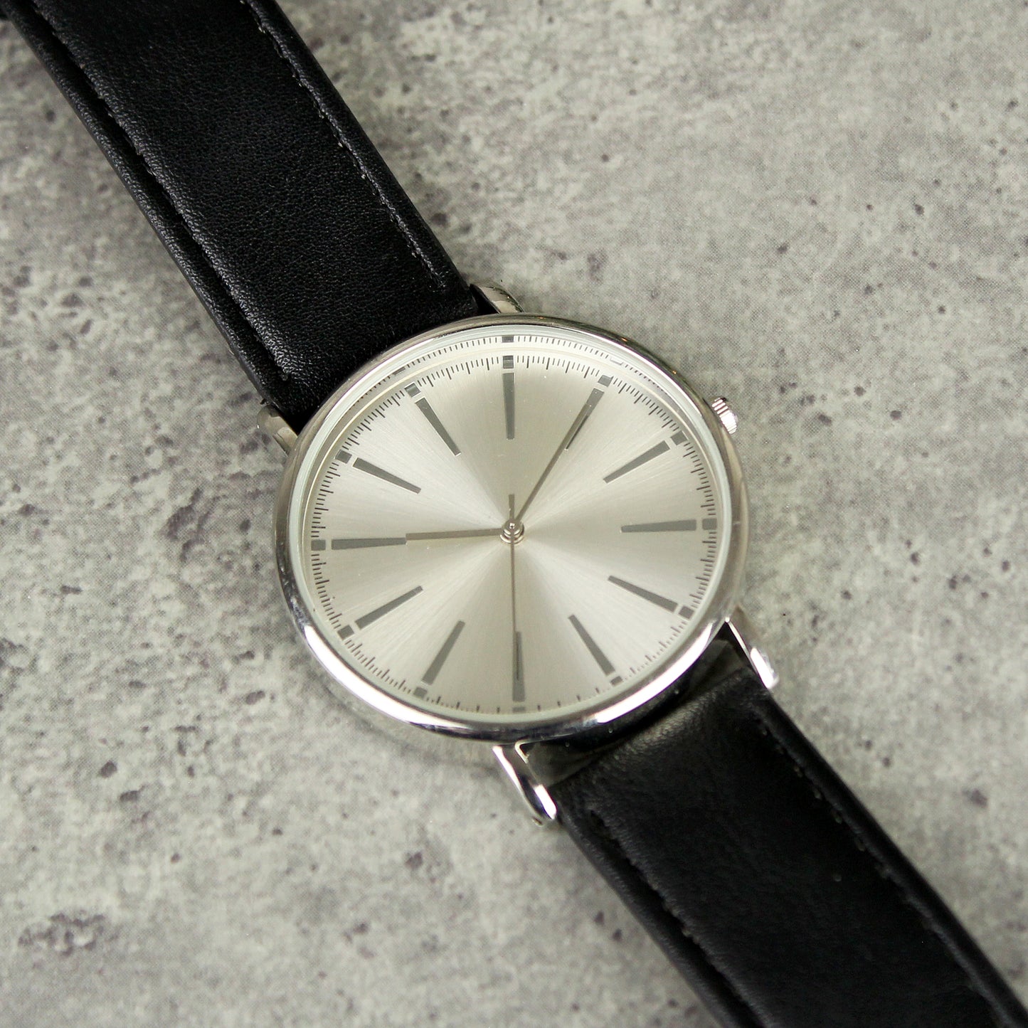 Personalised Silver with Black Leather Strap Watch
