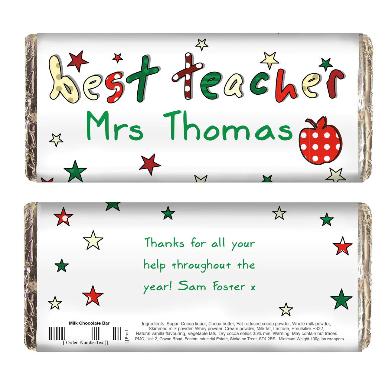 Personalised Teacher Milk Chocolate Bar