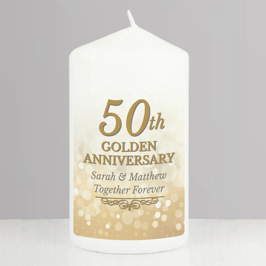 Personalised 50th Golden Anniversary Pillar Candle