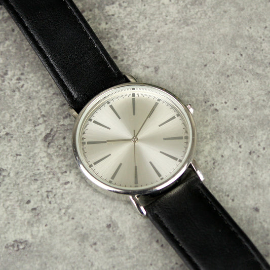 Personalised Silver with Black Leather Strap Watch